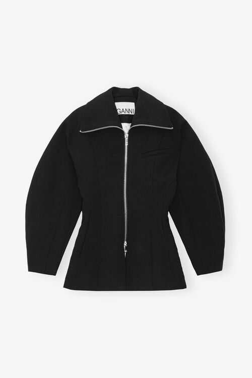 Black Bonded Crepe Curve Sleeve Jacket, Black