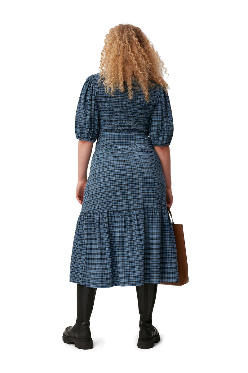 Seersucker Midi Dress, Elastane, in colour Mini Check Granada Sky - 2 - GANNI
