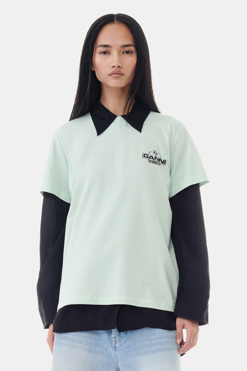 Mint Green GANNI World T-shirt, Cotton, in colour Aqua Foam - 1 - GANNI