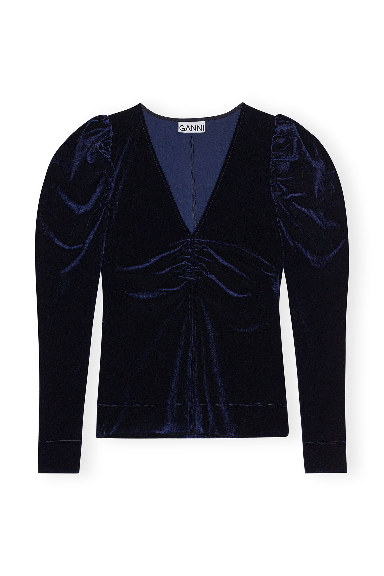 Blue Velvet Jersey V-neck Blouse, Recycled Polyester, in colour Total Eclipse - 1 - GANNI