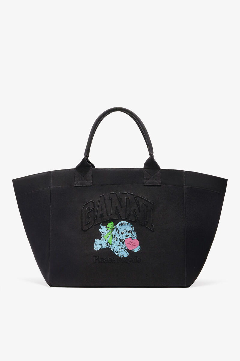 Sac fourre-tout XXL en toile noire à imprimé chiot, Recycled Cotton, in colour Phantom - 1 - GANNI