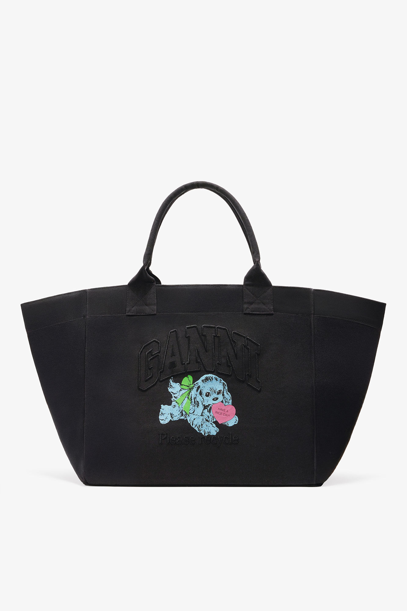 Black Puppy XXL Canvas Tote Bag, Recycled Cotton, in colour Phantom - 1 - GANNI
