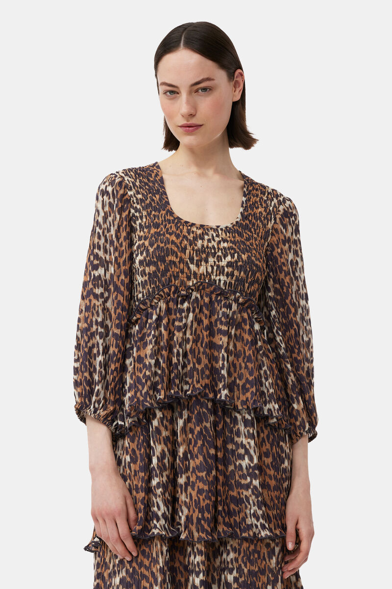 Leopard Pleated Georgette Flounce Smock Midi Dress, Recycled Polyester, in colour Almond Milk - 4 - GANNI