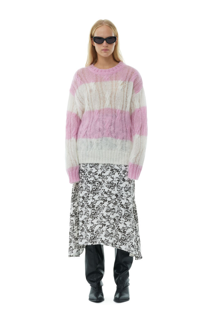 GANNI Striped Mohair Cable O-neck Sweater,Lilac Sachet