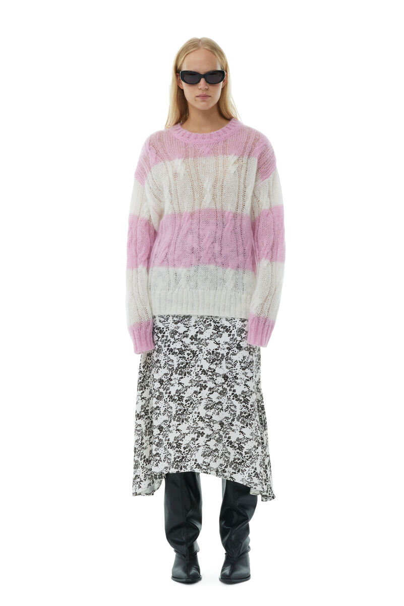 Striped Mohair Cable O-neck Pullover, Merino Wool, in colour Lilac Sachet - 1 - GANNI