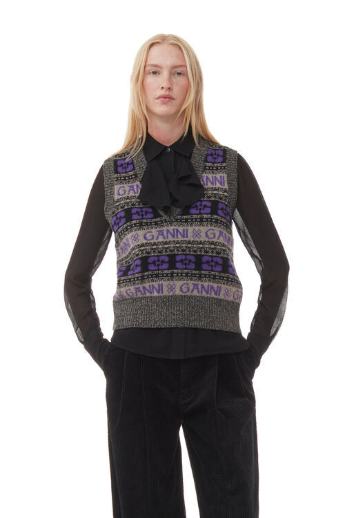 가니 GANNI Purple Logo Wool Knit Vest,Timber Wolf
