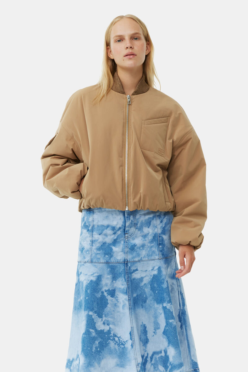 Brown Light Twill Oversized Short Bomberjakke, Recycled Polyester, in colour Tiger's Eye - 1 - GANNI