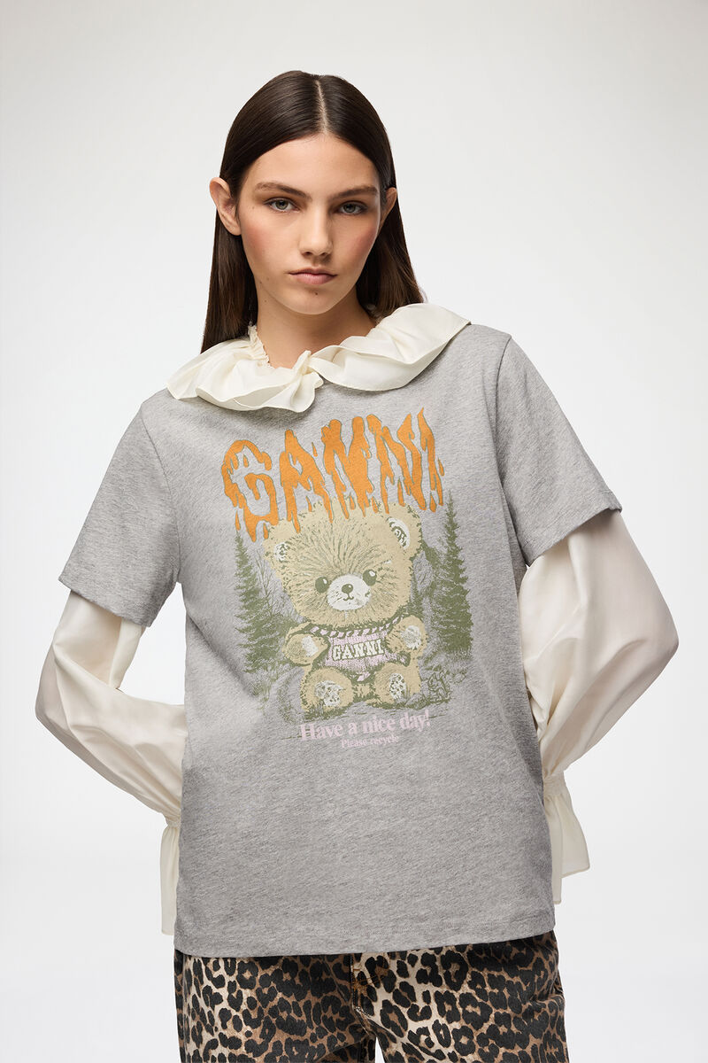 T-Shirt mit Wald-Teddy, Organic Cotton, in colour Paloma - 1 - GANNI