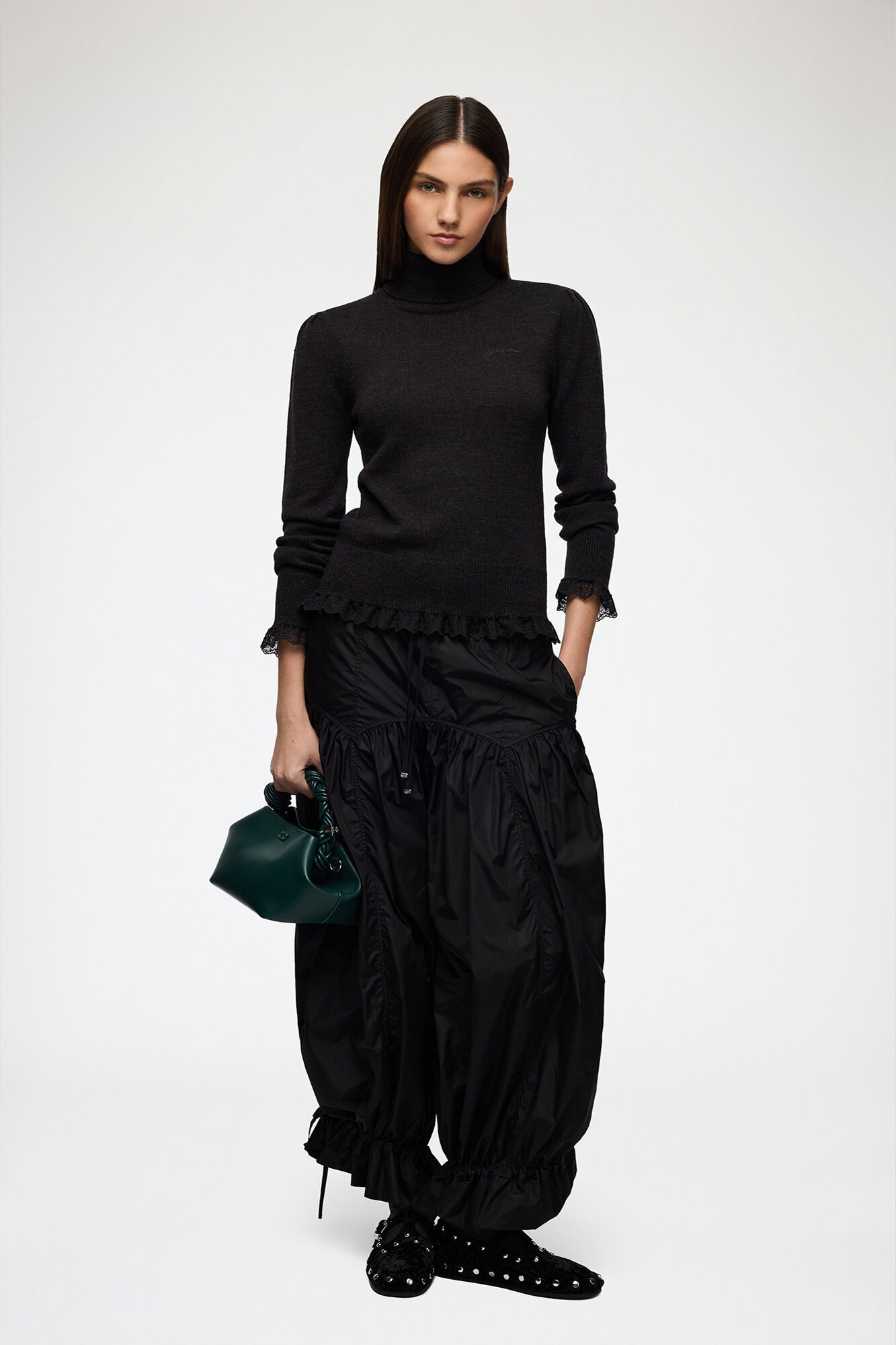 Turtleneck in Lace Merino, Merino Wool, in colour Phantom - 2 - GANNI
