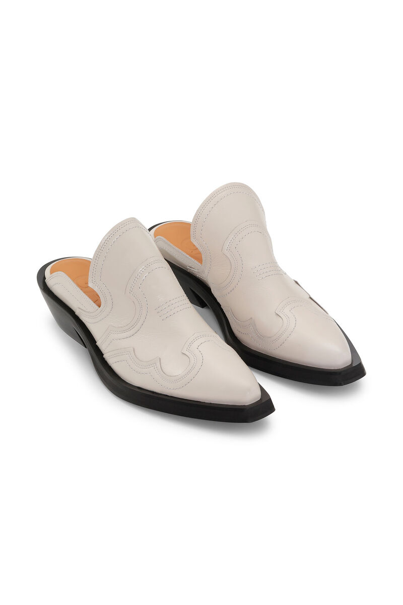 White Embroidered Western Mules, Calf Leather, in colour Egret - 3 - GANNI
