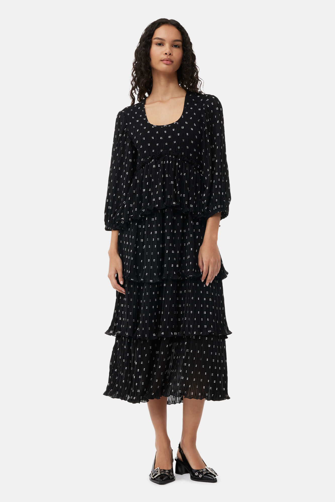 Black Pleated Georgette Flounce Smock Midi Dress, Recycled Polyester, in colour Black - 1 - GANNI