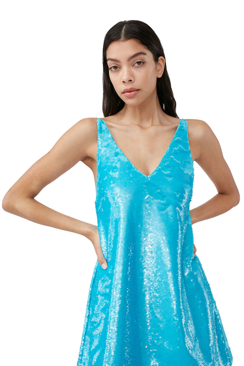 Blue Sequins Strap Mini Dress, Recycled Polyester, in colour Blue Curacao - 4 - GANNI