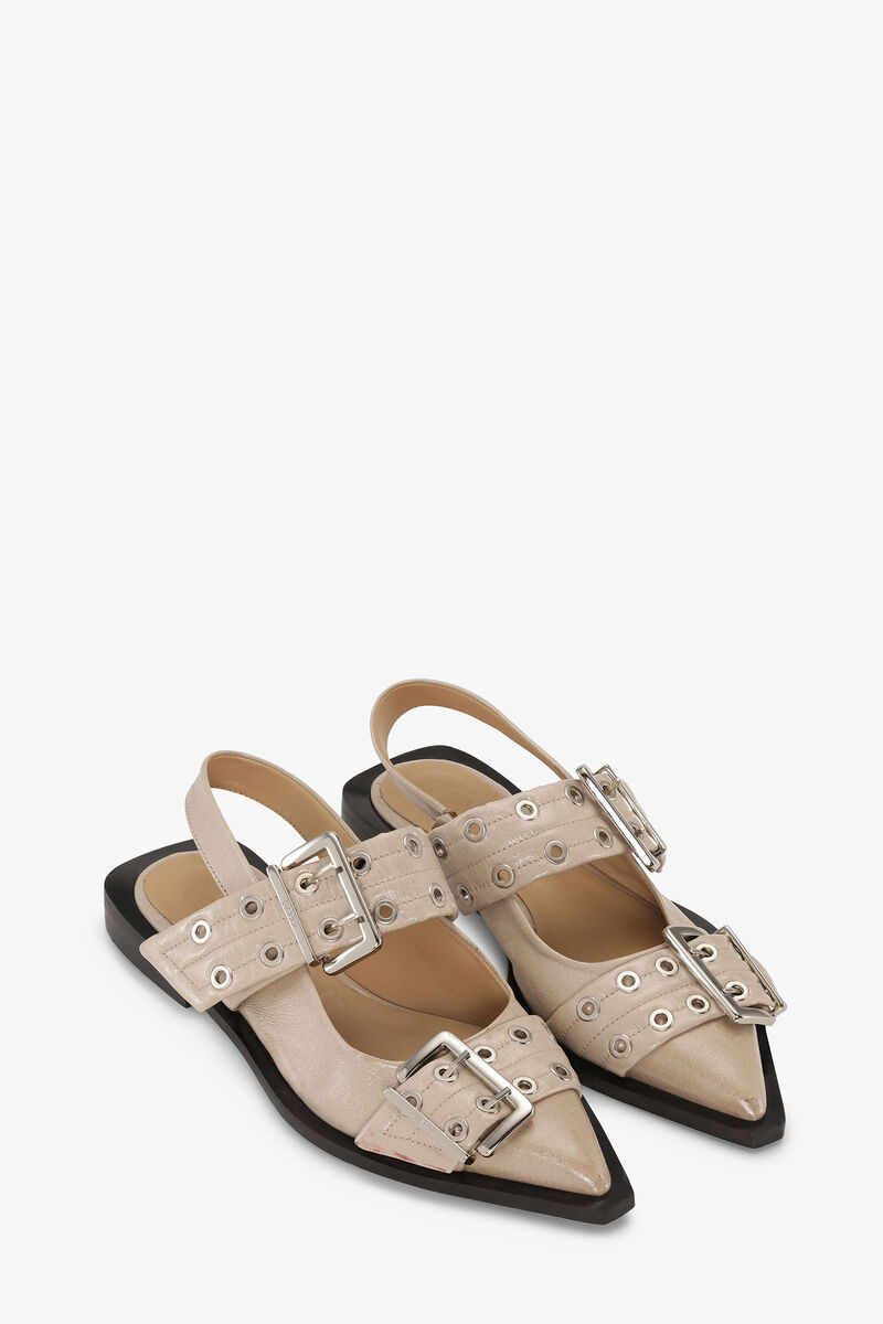 Grey Feminine Buckle Ballerinas, Polyester, in colour Taos Taupe - 2 - GANNI