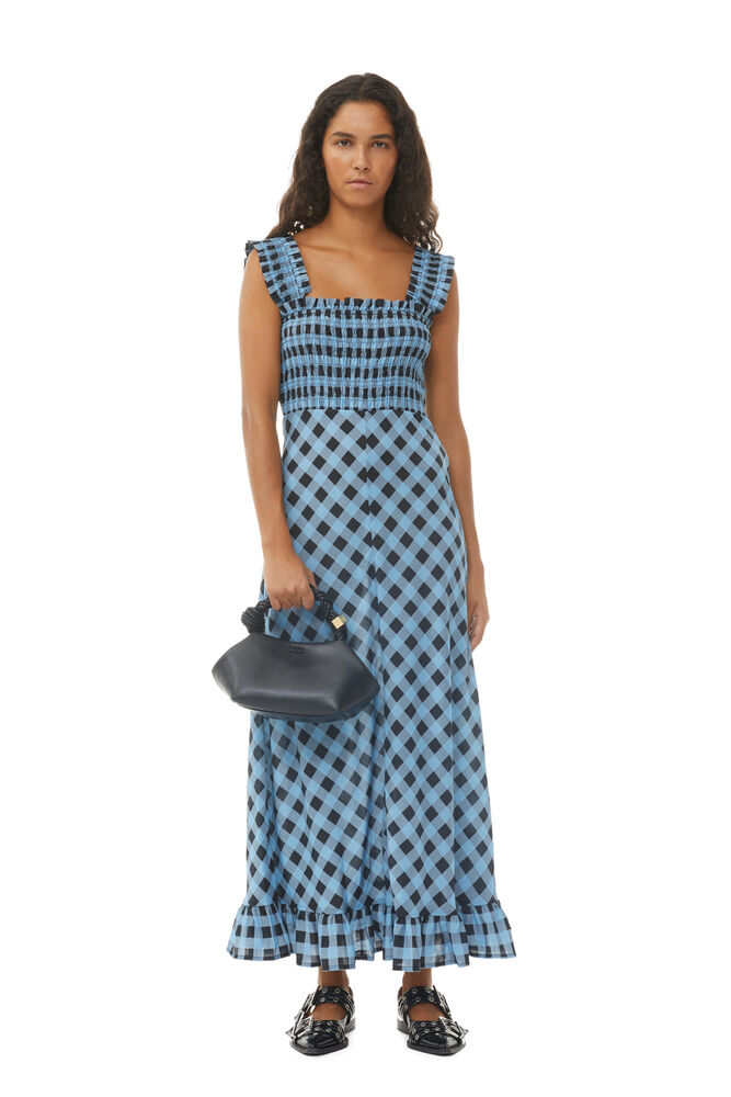 Checkered Cotton Silk Long Strap Dress, Alaskan Blue