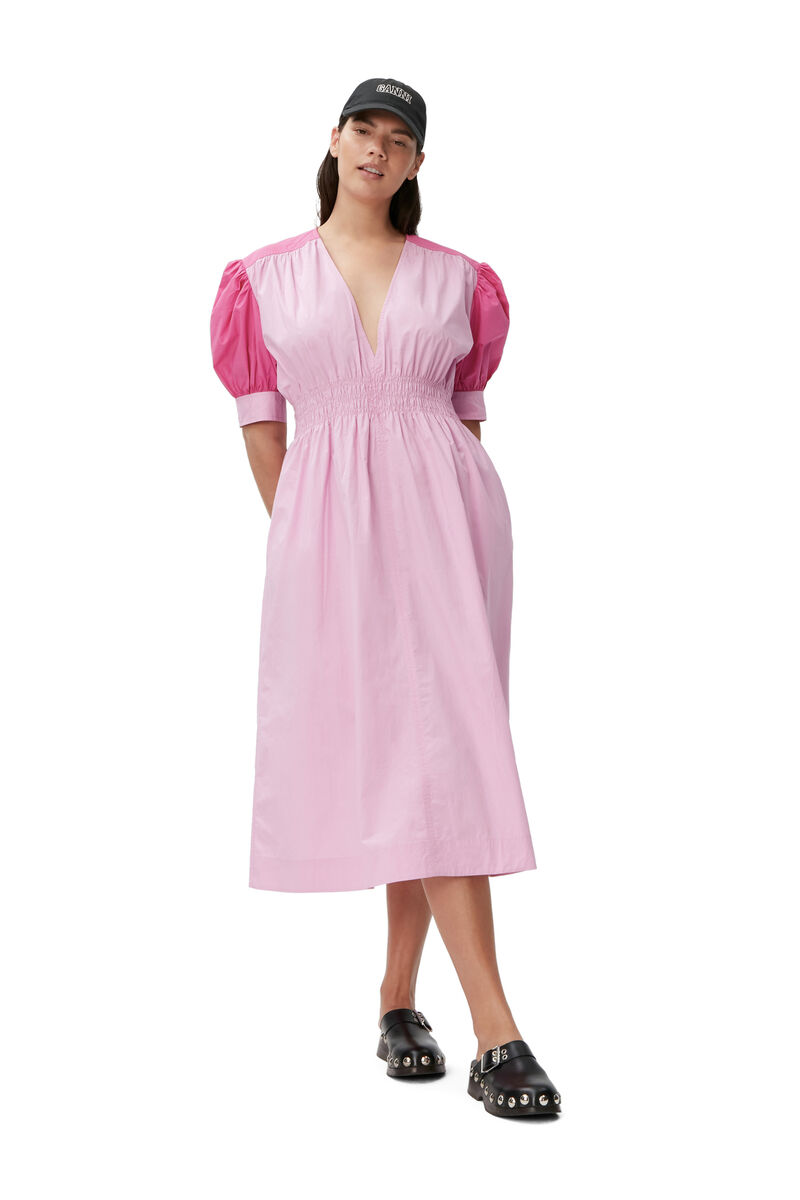 Poplin V-Neck Midi Dress, Cotton, in colour Phlox Pink - 1 - GANNI
