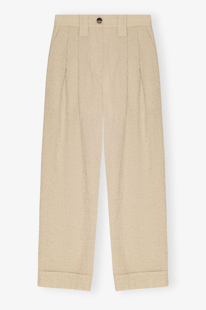 Beige Textured Suiting Mid Waist-bukse, Oyster Gray