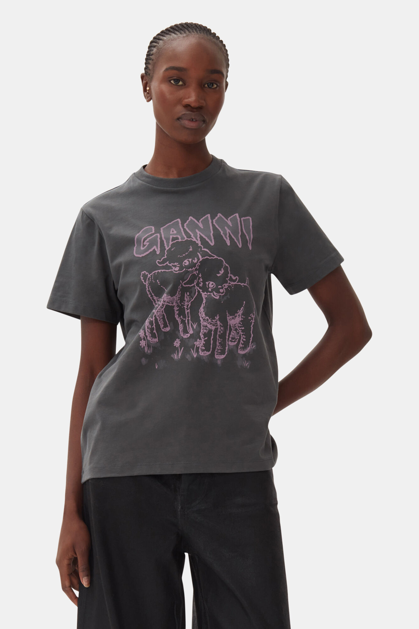 Relaxed Lamb T-shirt, Cotton, in colour Volcanic Ash - 1 - GANNI