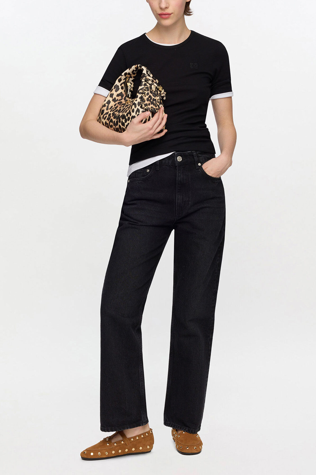 Mini Hobo taske i leopardprint med grynet tekstur, Recycled Polyester, in colour Almond Milk - 1 - GANNI