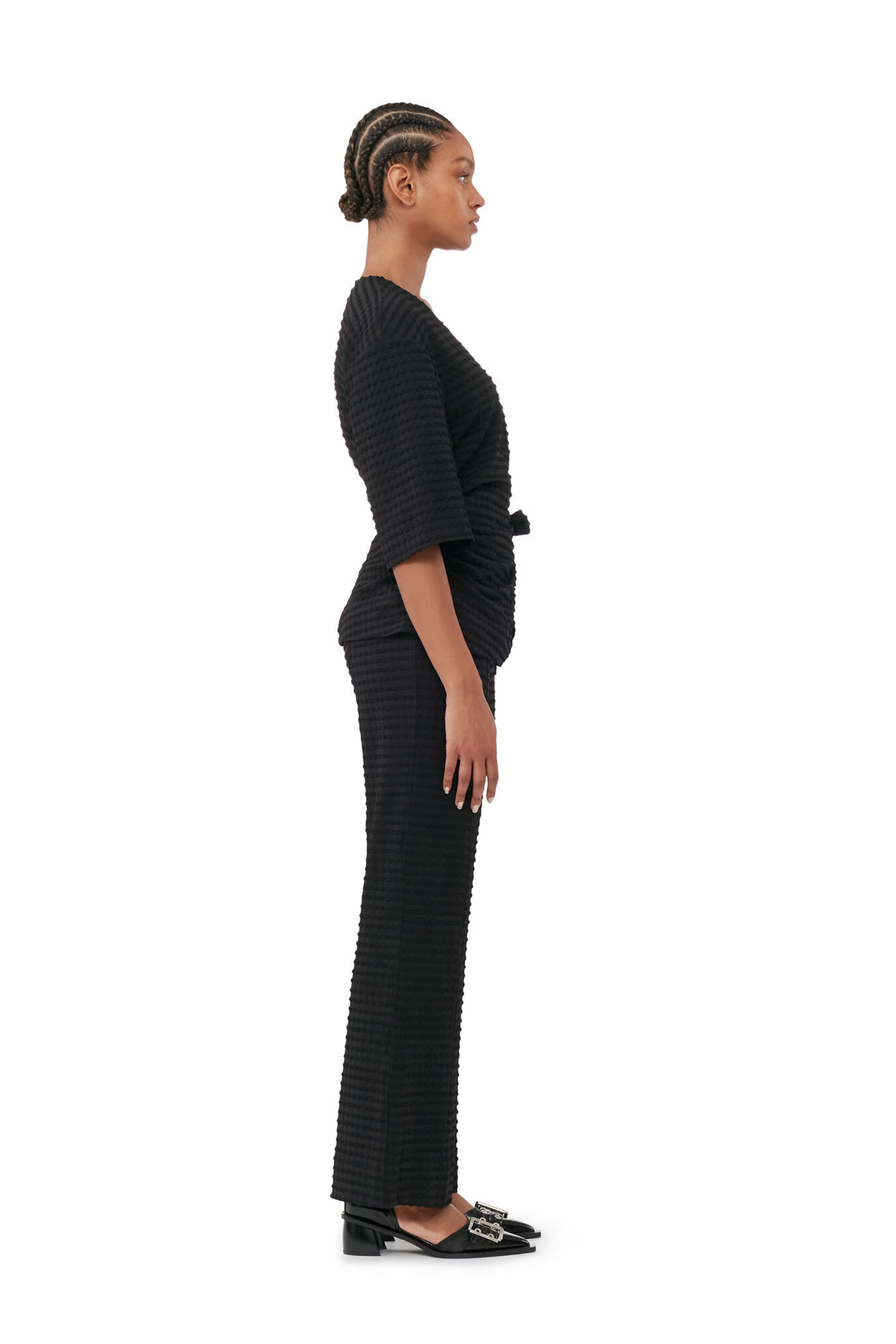 Black Stretch Seersucker Wrap Blouse, Elastane, in colour Black - 3 - GANNI