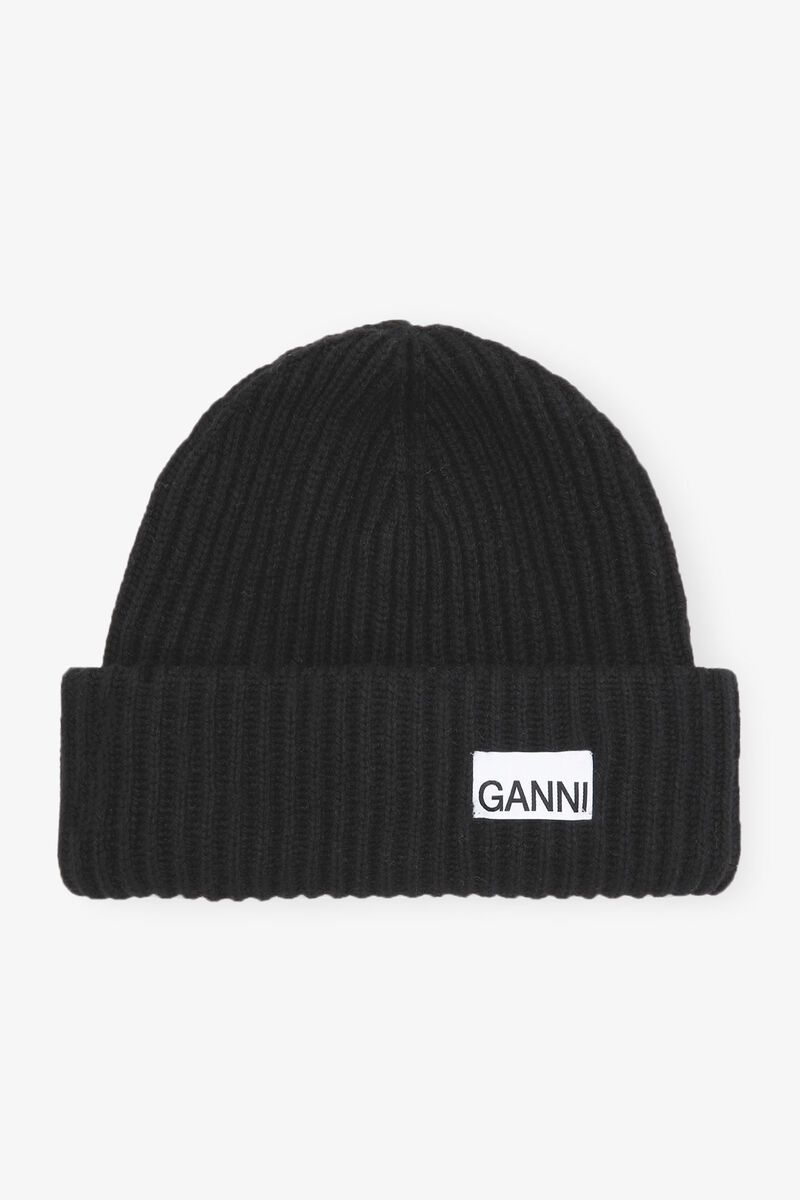 Oversized Wool Rib Knit Beanie, Wool, in colour Black - 1 - GANNI