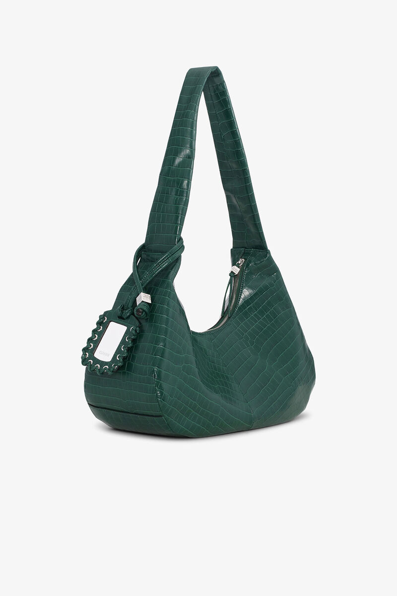 Sac Hobo moyen en croco vert, Lyocell, in colour Pineneedle - 2 - GANNI