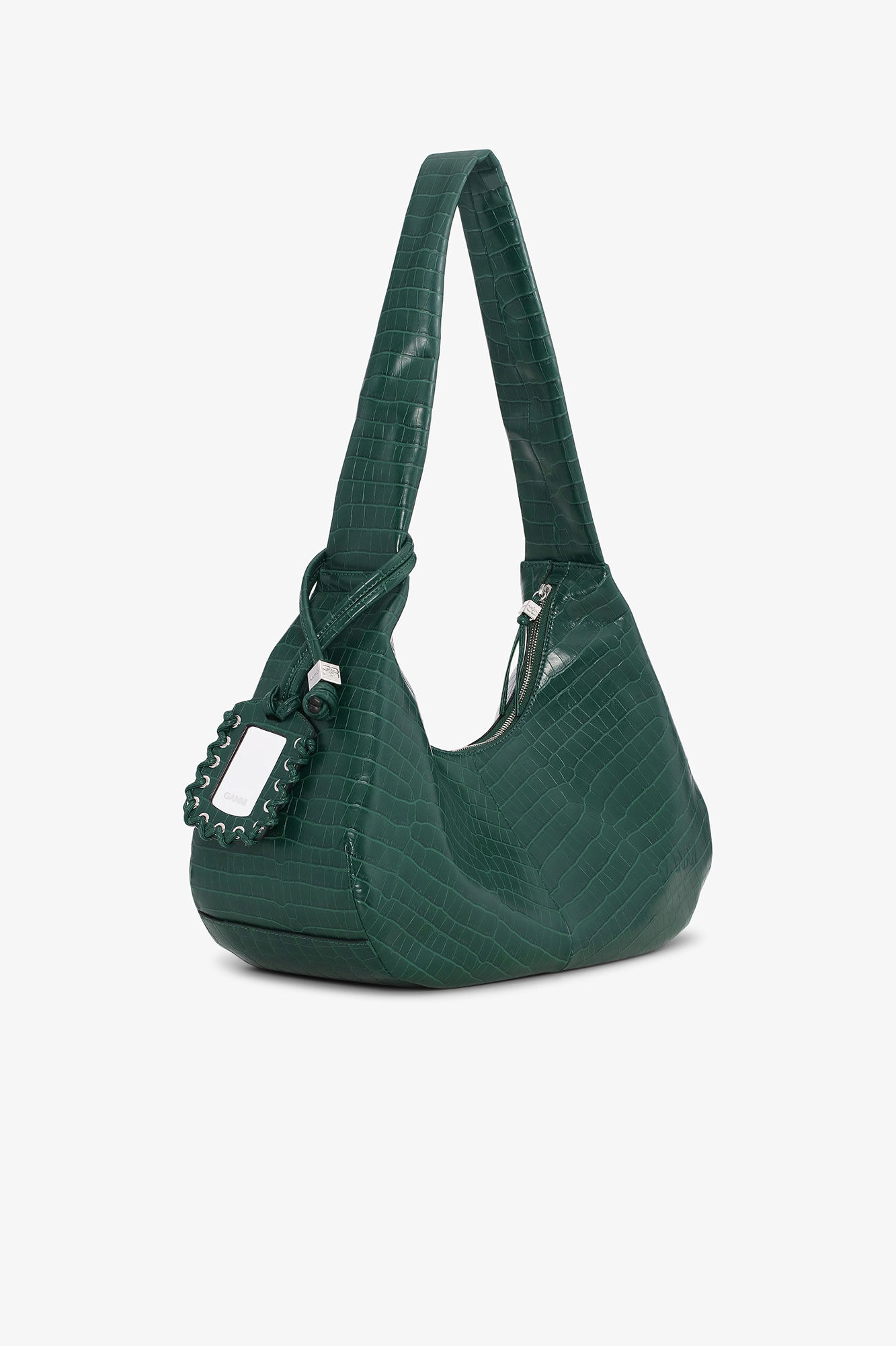 Sac Hobo moyen en croco vert, Lyocell, in colour Pineneedle - 2 - GANNI
