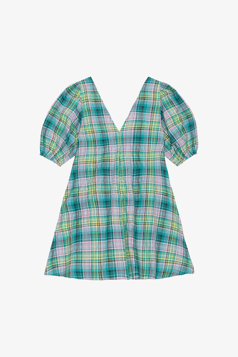 Seersucker Check V-Neck Mini Dress, Organic Cotton, in colour Lagoon - 2 - GANNI
