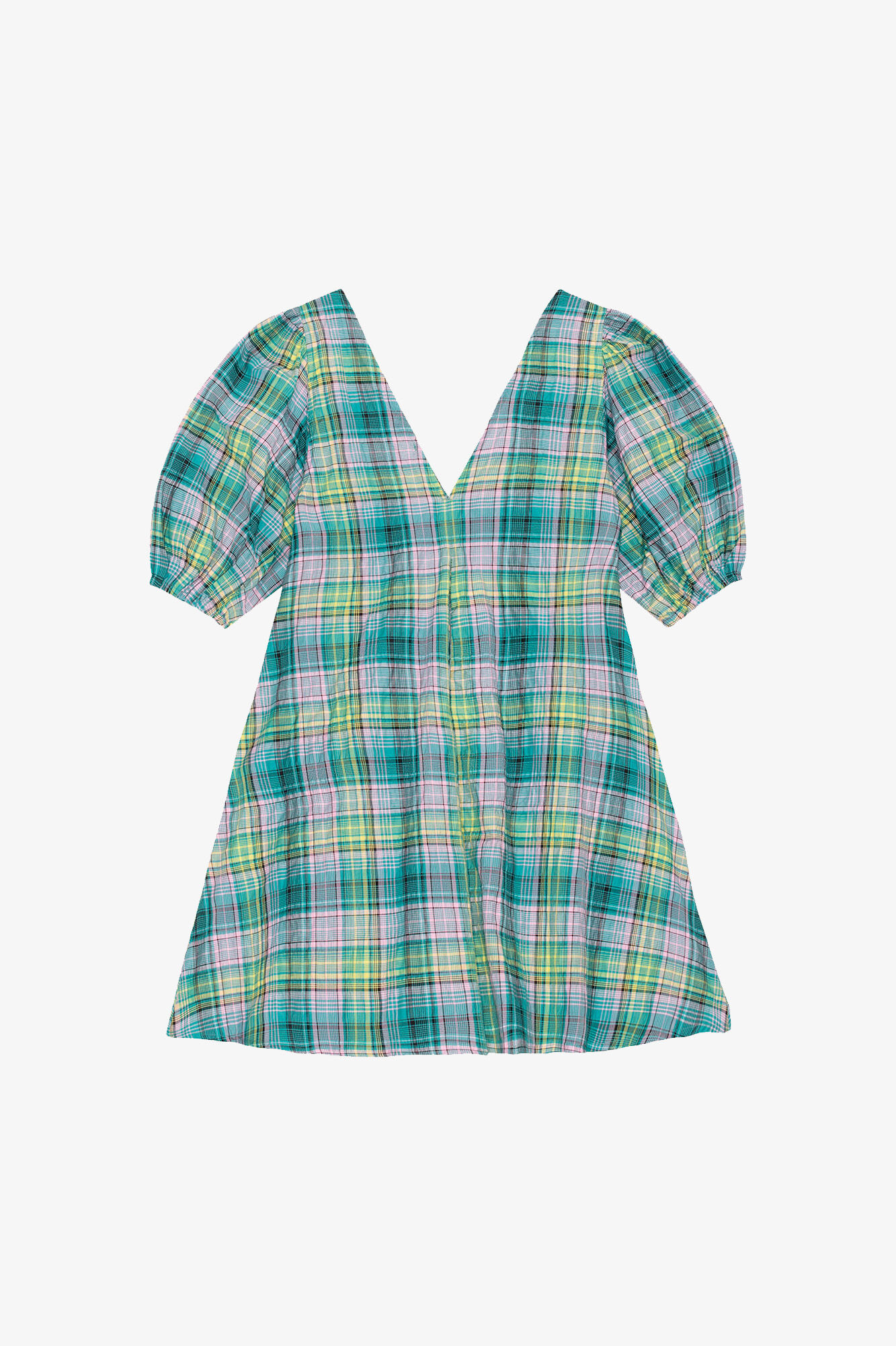 Seersucker Check V-Neck Mini Dress, Organic Cotton, in colour Lagoon - 2 - GANNI