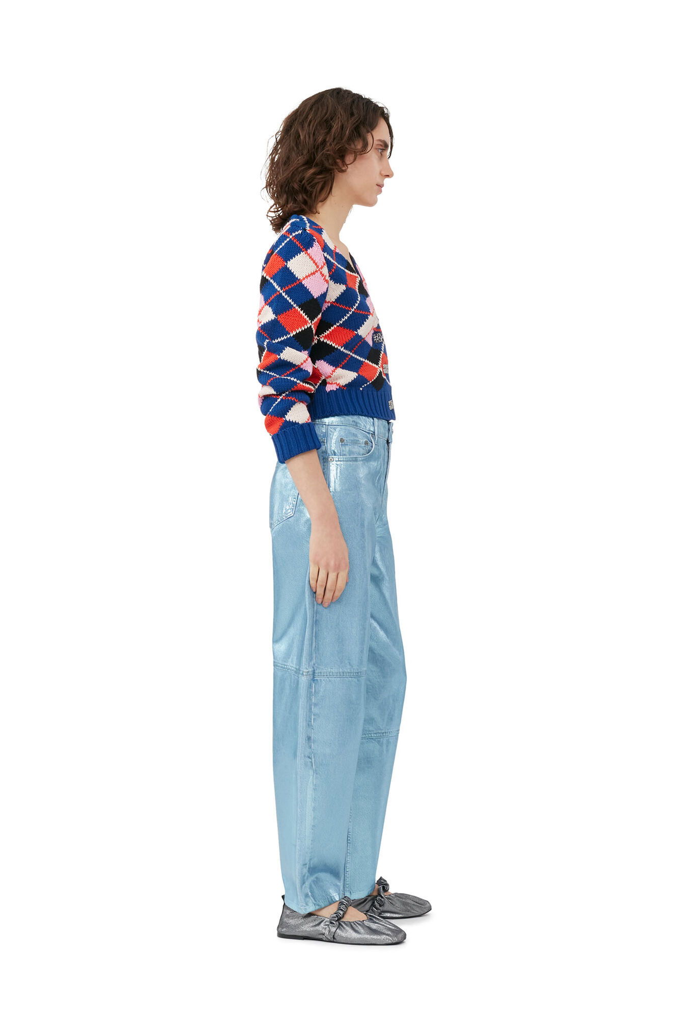 Graphic Cotton V-neck Cardigan, Cotton, in colour Sodalite Blue - 2 - GANNI