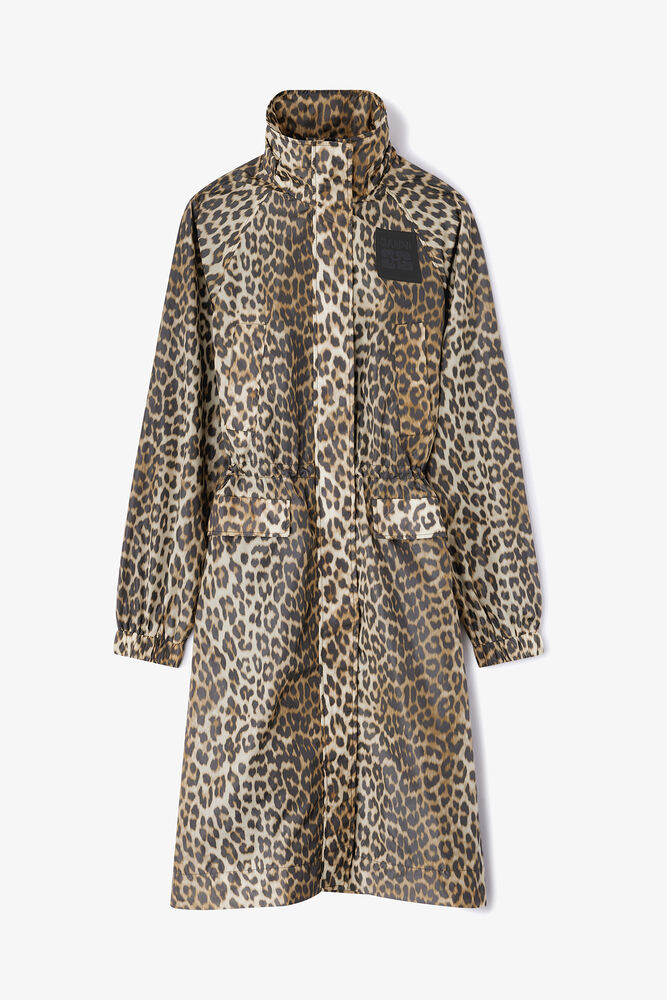 Leopard Nylon Parka Coat, Almond Milk