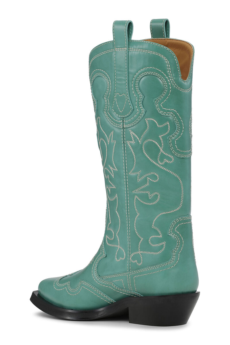 Black/White Mid Shaft Embroidered Western Boots, Calf Leather, in colour Kelly Green - 2 - GANNI