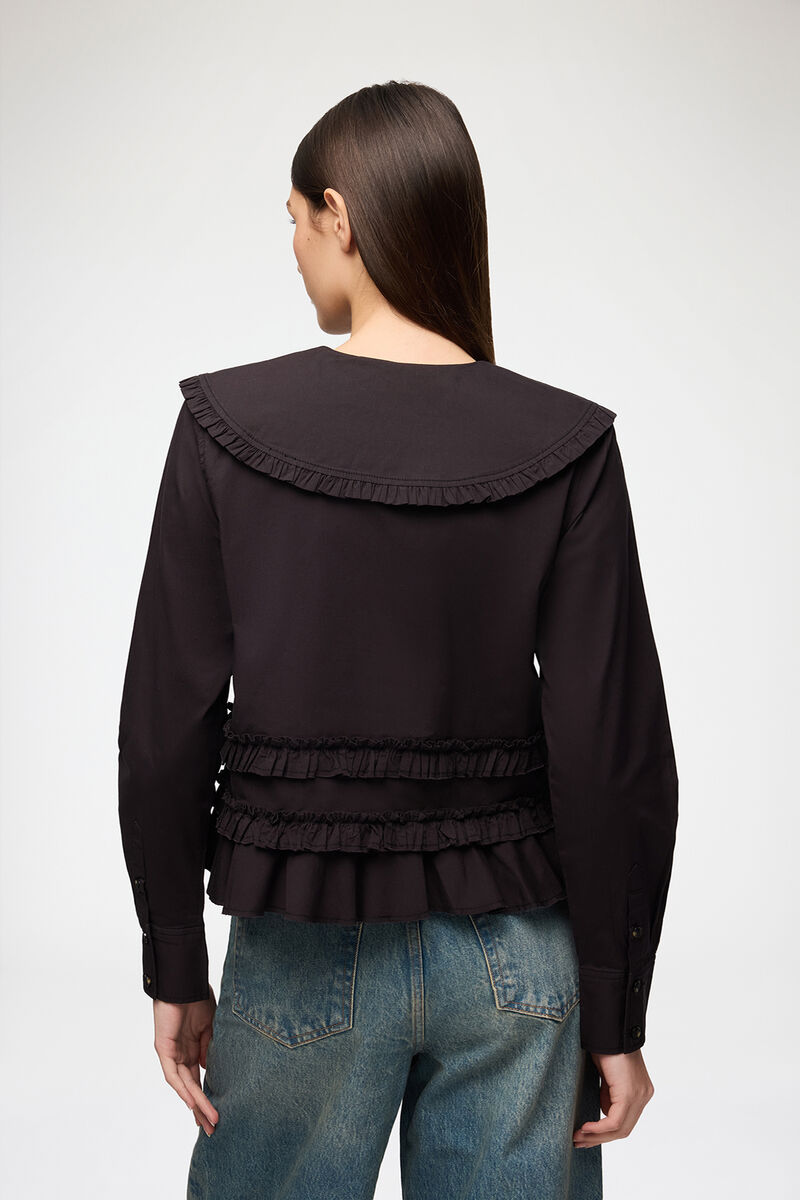 Stretch Cotton Ruffle Shirt, Organic Cotton, in colour Black - 3 - GANNI