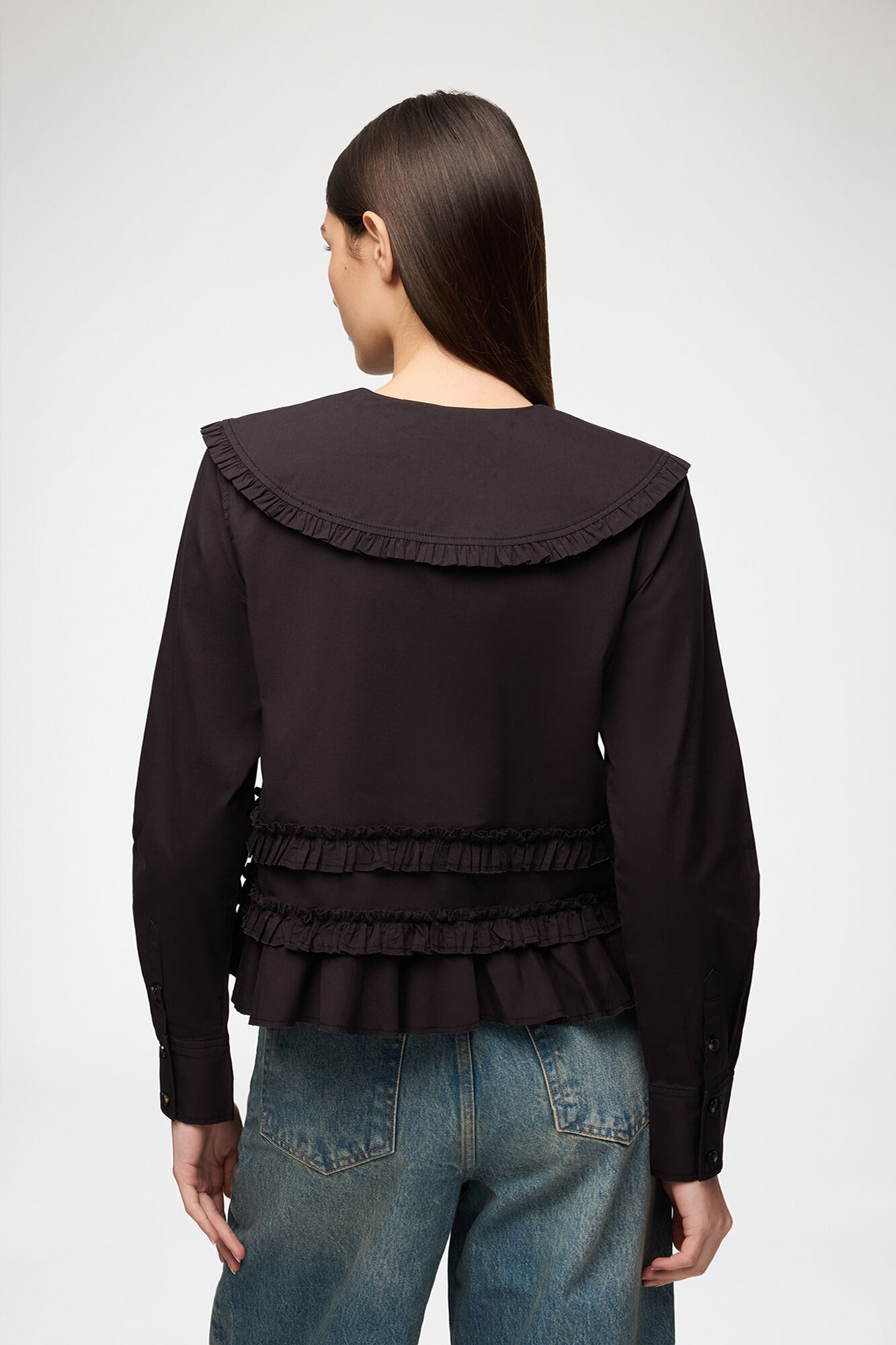 Stretch Cotton Ruffle Shirt, Organic Cotton, in colour Black - 3 - GANNI