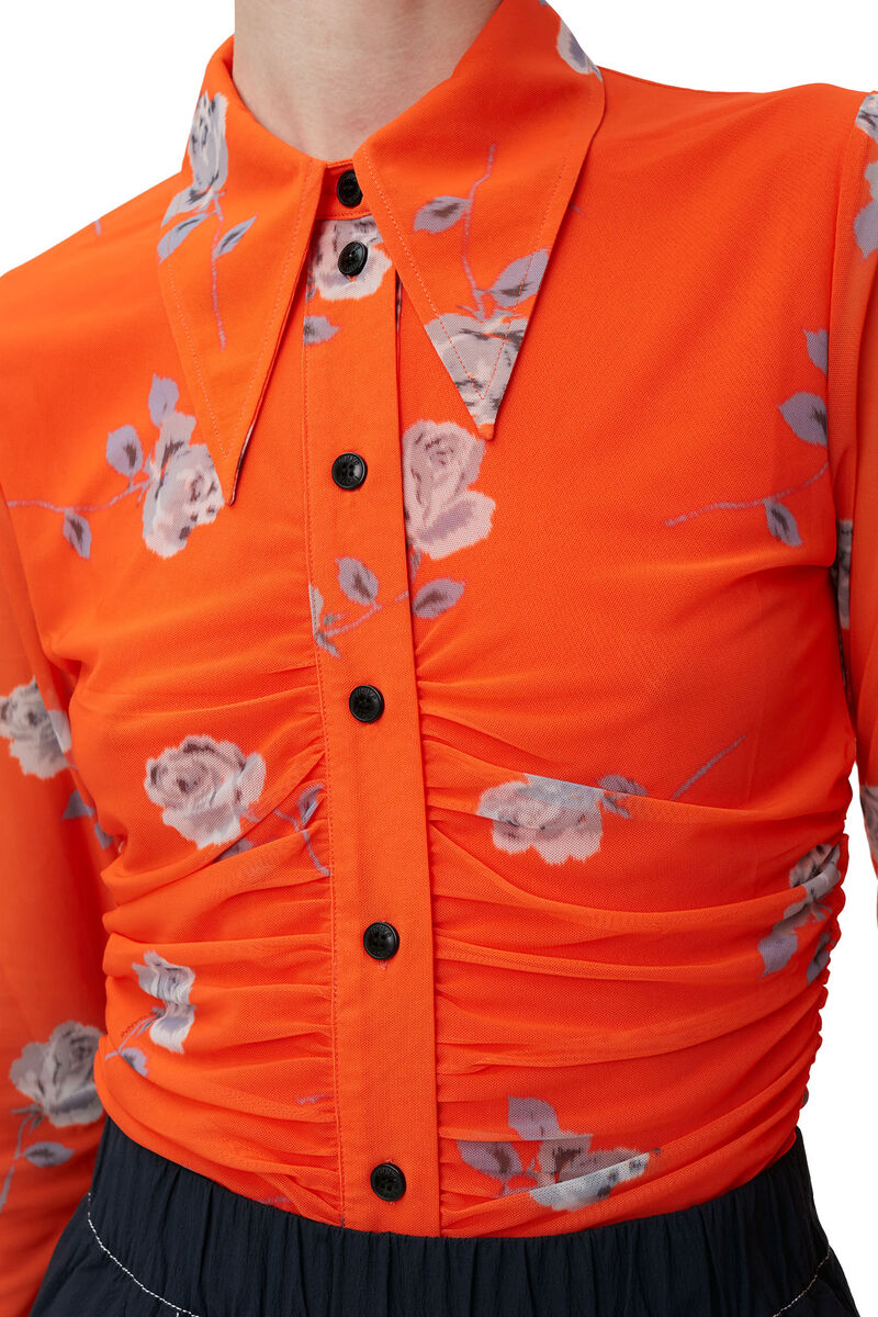 Orange Printed Mesh Ruched Shirt, Recycled Nylon, in colour Orangeade - 4 - GANNI