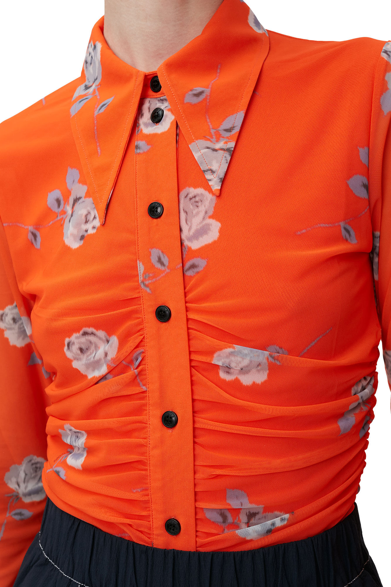 Orange Printed Mesh Ruched Shirt, Recycled Nylon, in colour Orangeade - 4 - GANNI