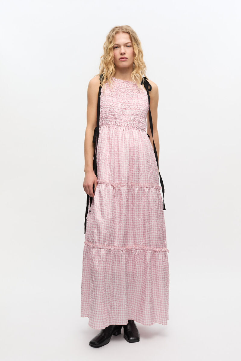 Pink Check Dress, Recycled Polyester, in colour Bleached Mauve - 1 - GANNI