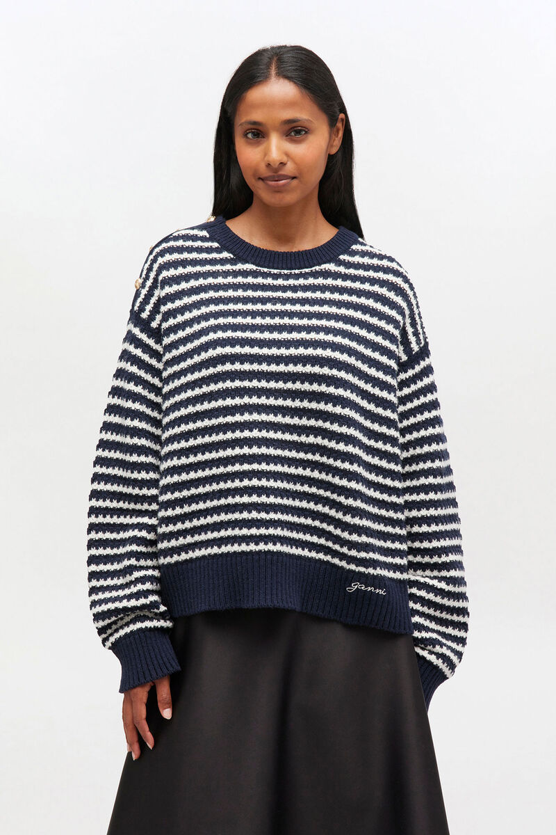 Dark Blue Striped Wool Jumper, in colour Sky Captain - 2 - GANNI