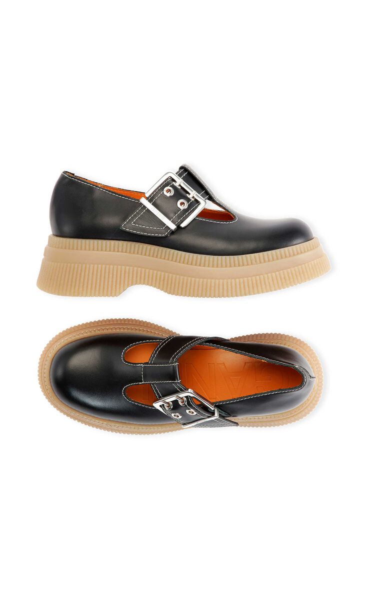 T-Strap Loafers, Leather, in colour Black - 2 - GANNI