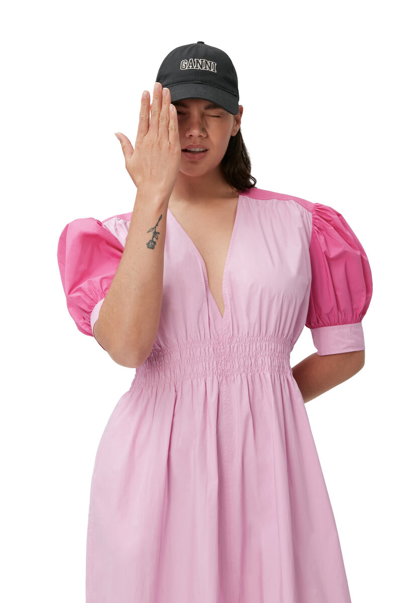 Poplin V-Neck Midi Dress, Cotton, in colour Phlox Pink - 3 - GANNI