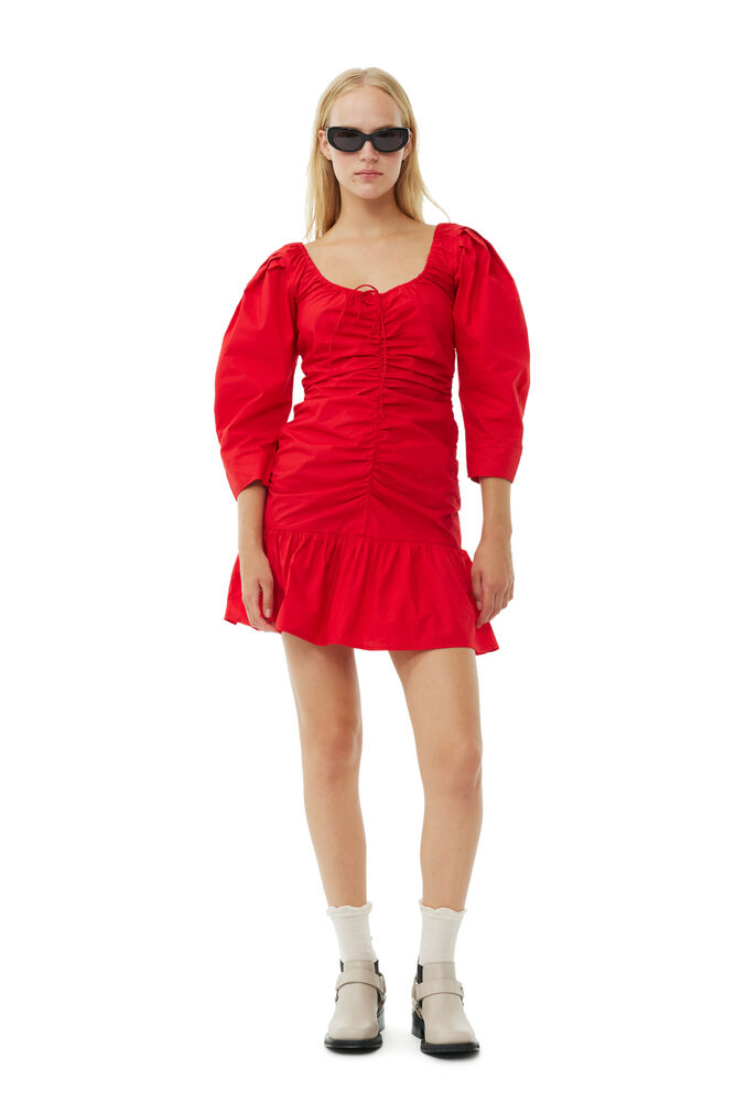 GANNI Red Cotton Poplin Gathered U-neck Mini Dress,Racing Red