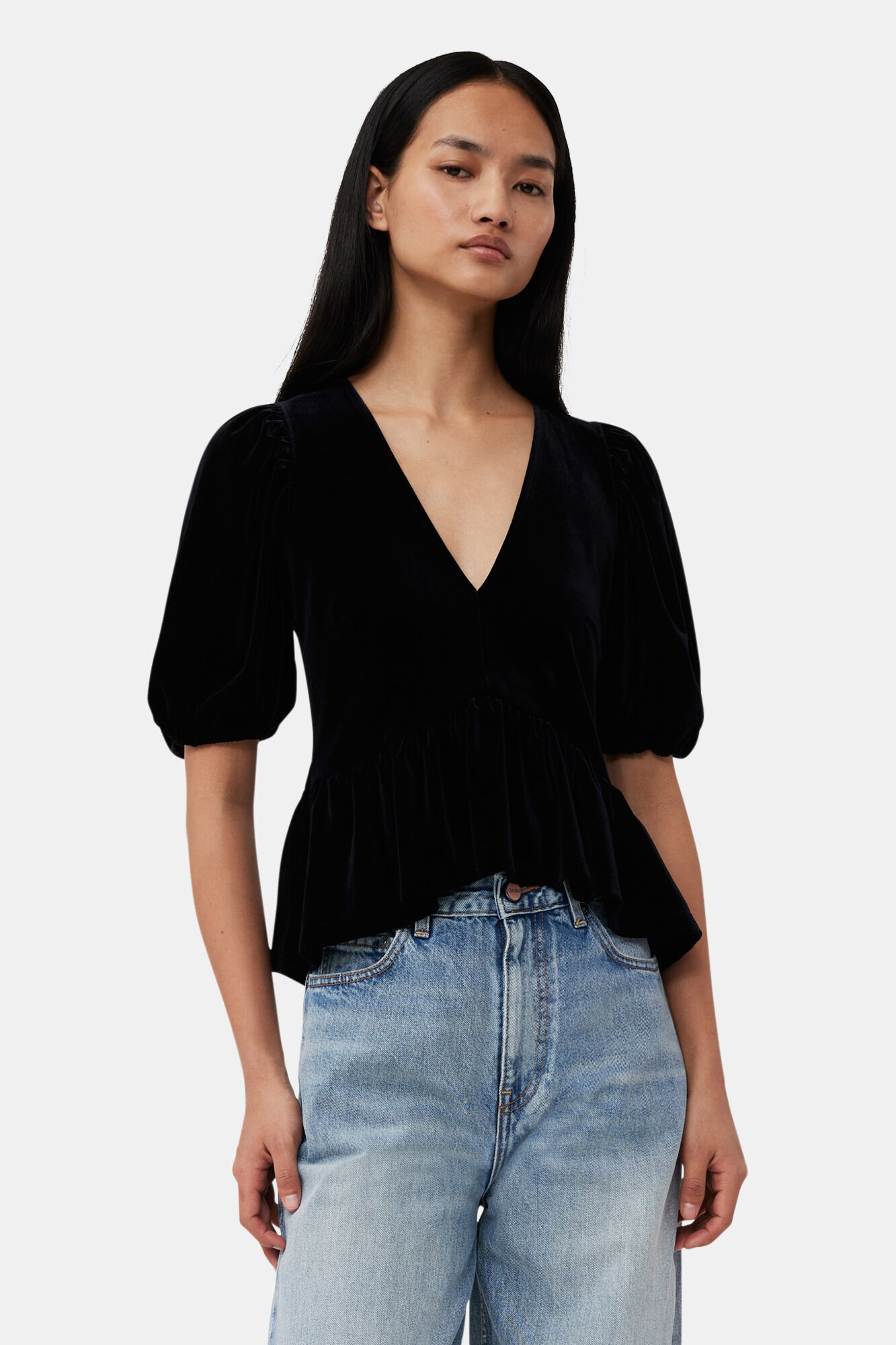 Black Velvet Jersey V-neck Blouse, Recycled Polyester, in colour Black - 1 - GANNI