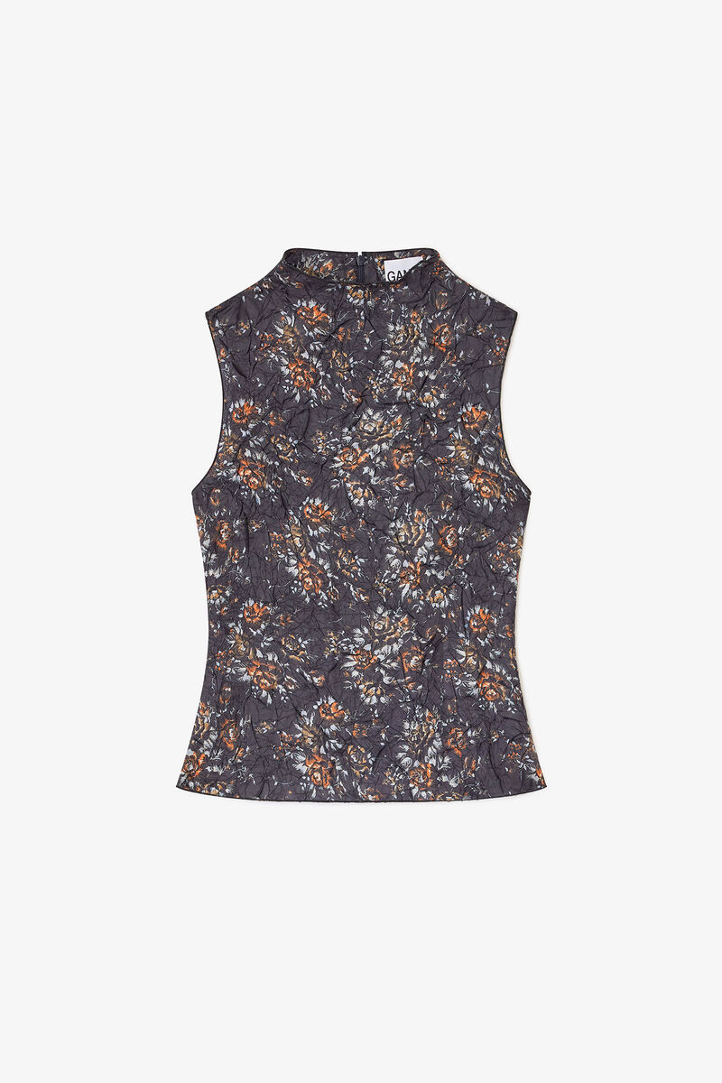 Haut noir à col montant et fleurs, Recycled Polyester, in colour Black - 1 - GANNI