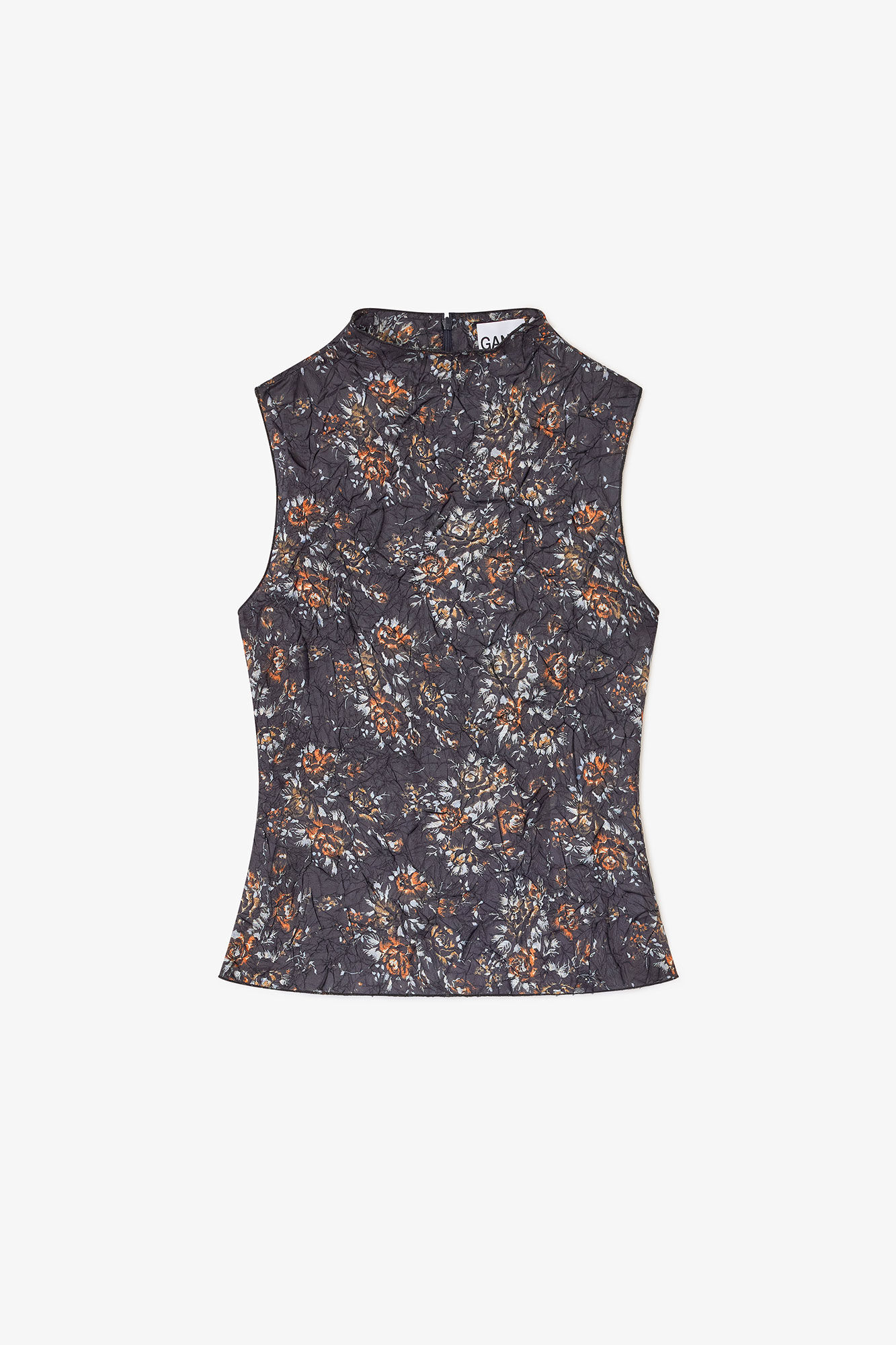 Haut noir à col montant et fleurs, Recycled Polyester, in colour Black - 1 - GANNI