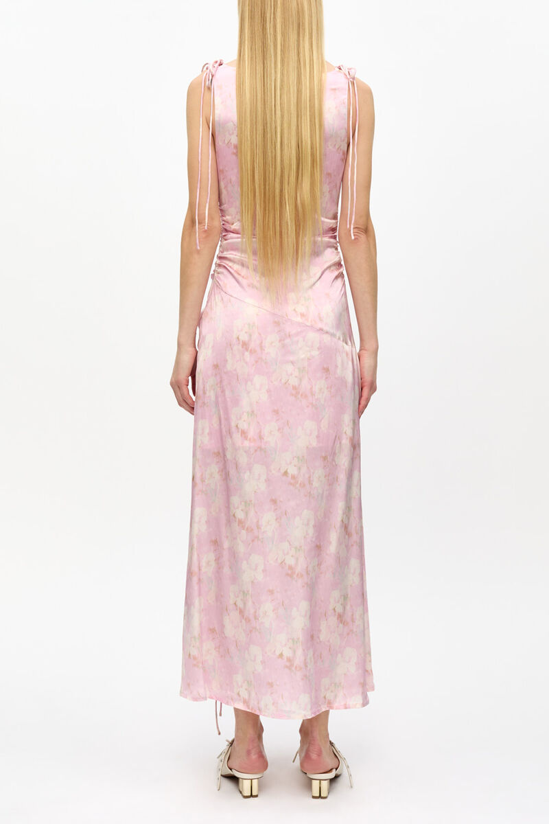 Pink Printed Satin Gathered Dress, Viscose, in colour Primrose Pink - 2 - GANNI
