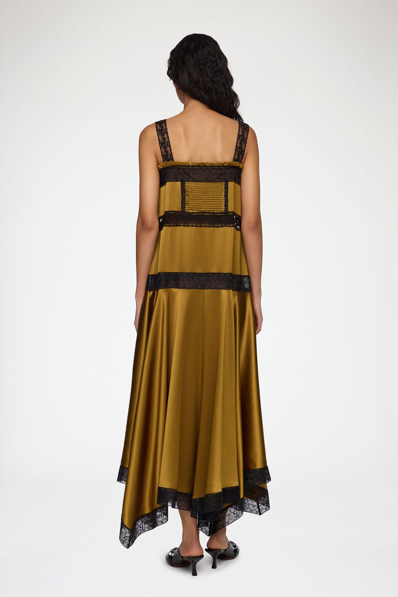 Dress in Green Silk Satin, Acetate, in colour Ecru Olive - 2 - GANNI