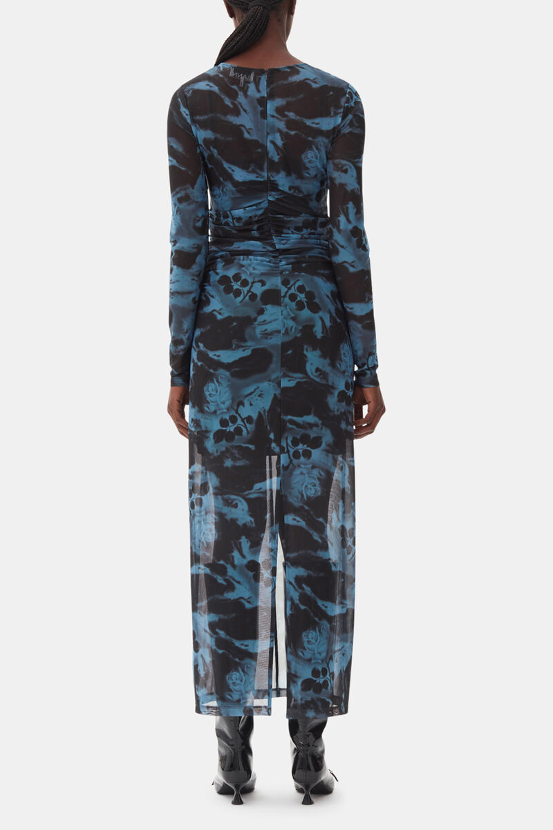 Blue Printed Mesh O-neck Ruched Long Dress, Recycled Polyester, in colour Blue Shadow - 4 - GANNI