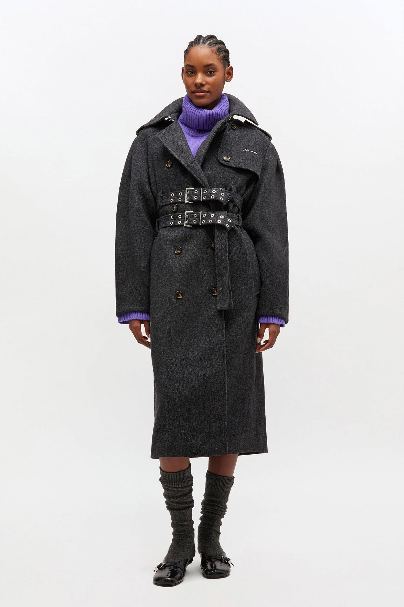 美品GANNIカーブシルエットウールコート32ネイビー Dark Blue Wool Oversized Midi Peacoat | GANNI US