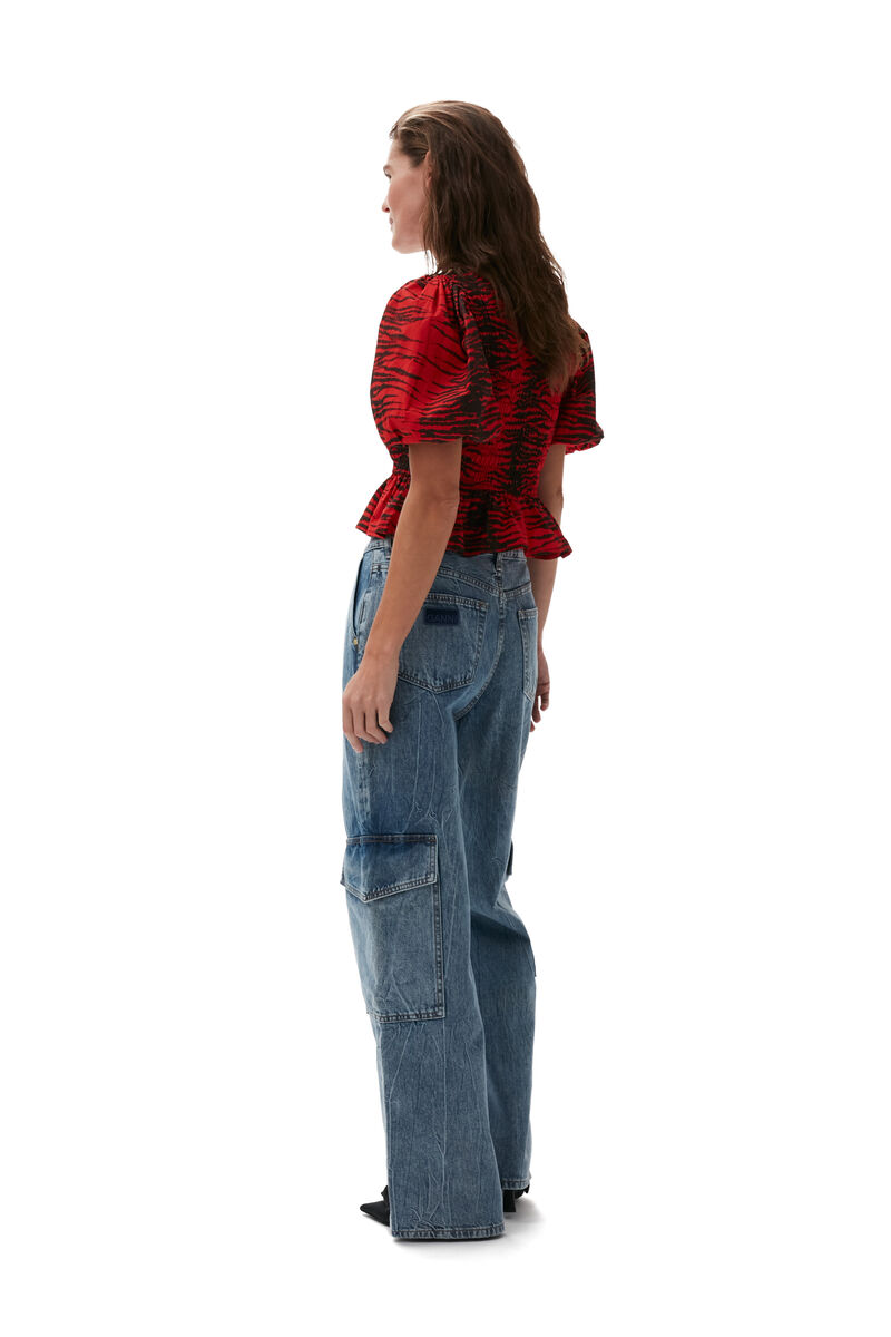 Cropped Smock Blouse, Cotton, in colour Fiery Red - 2 - GANNI