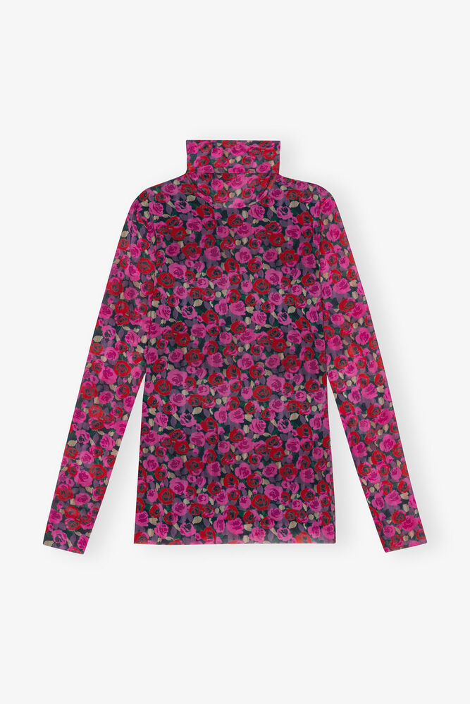 Floral Mesh Long Sleeve Roll Neck blus, Fiji Flower
