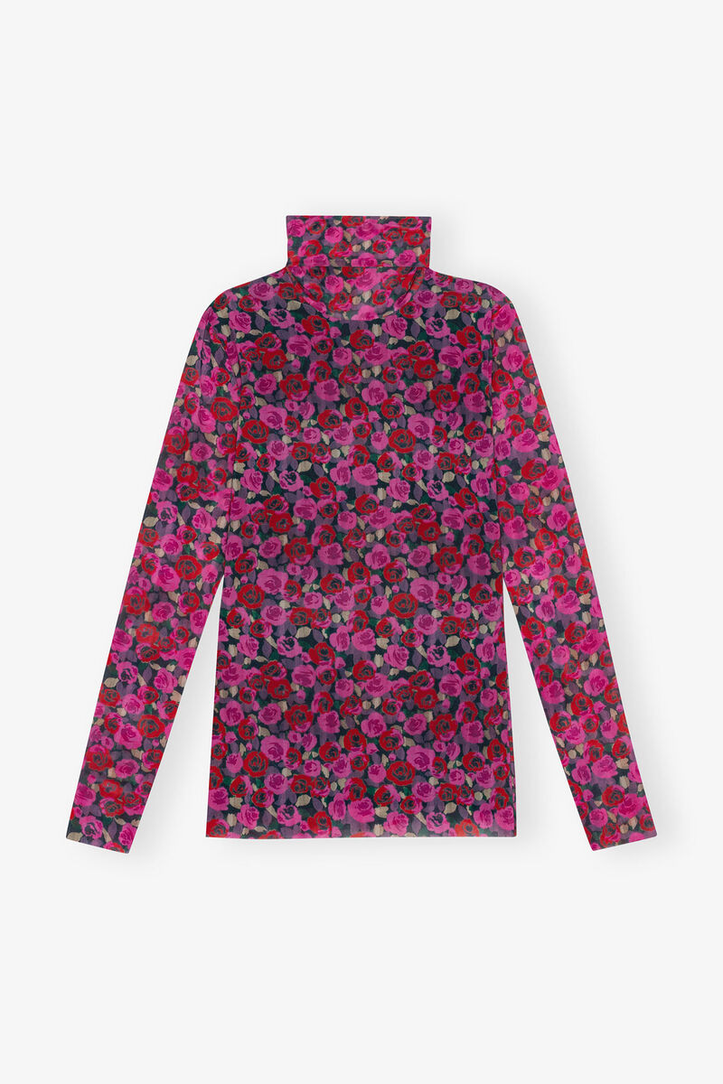 Blouse Floral Mesh Long Sleeve Roll Neck, Recycled Nylon, in colour Fiji Flower - 1 - GANNI